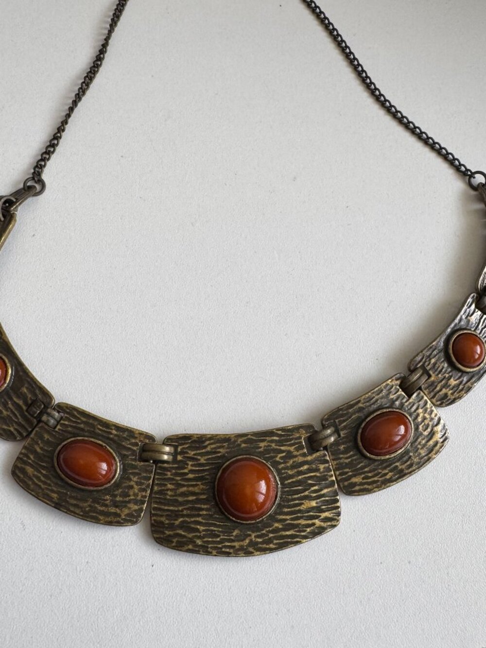 Vintage Brutalist Bronze Tone Amber Cabochon Statement Necklace